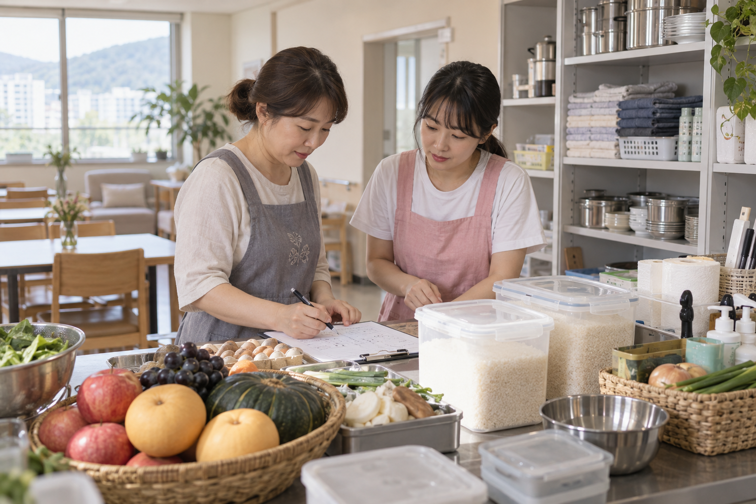 사회복지시설 종사자가 추석 공동 식사와 생활용품 준비 계획을 점검하는 모습