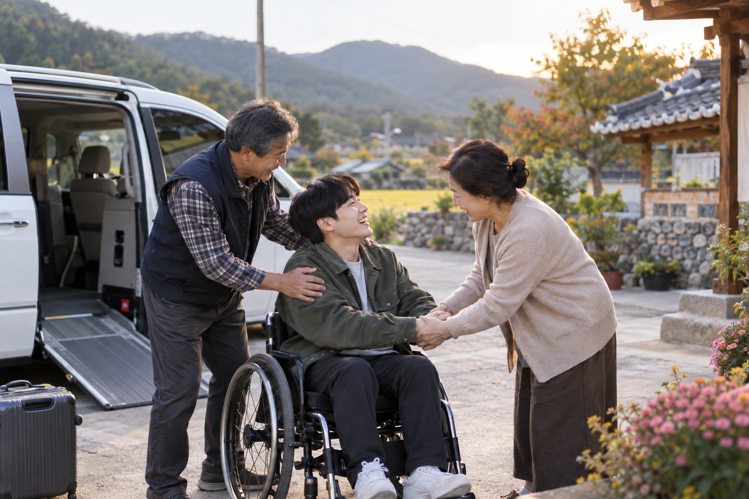 두리발 고향방문을 마친 휠체어 이용객이 가족과 만나는 모습