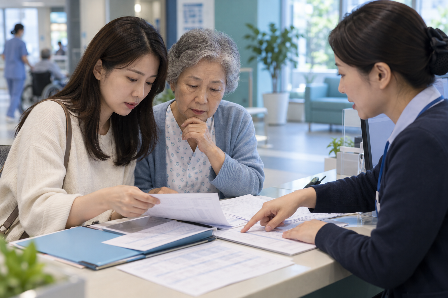 병원 원무 상담창구에서 환자와 가족이 진료비 세부내역을 확인하는 모습