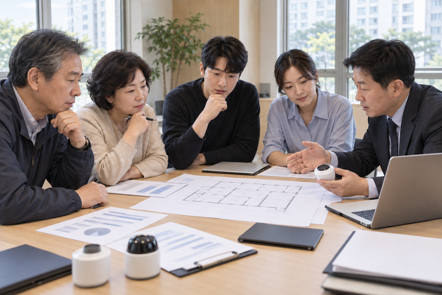 입주자대표와 관리직원이 전기차 화재감지 설비 도면과 사업비 자료를 검토하는 모습