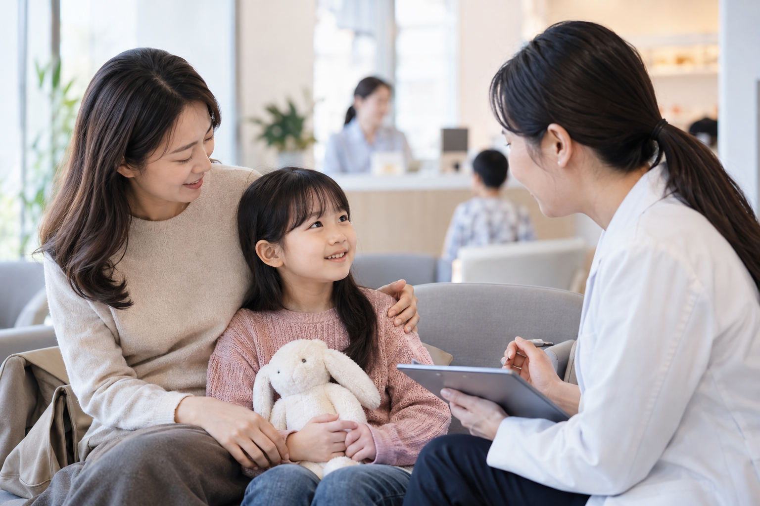 어린이와 보호자가 밝은 진료공간에서 의료진과 예방접종 상담을 준비하는 모습