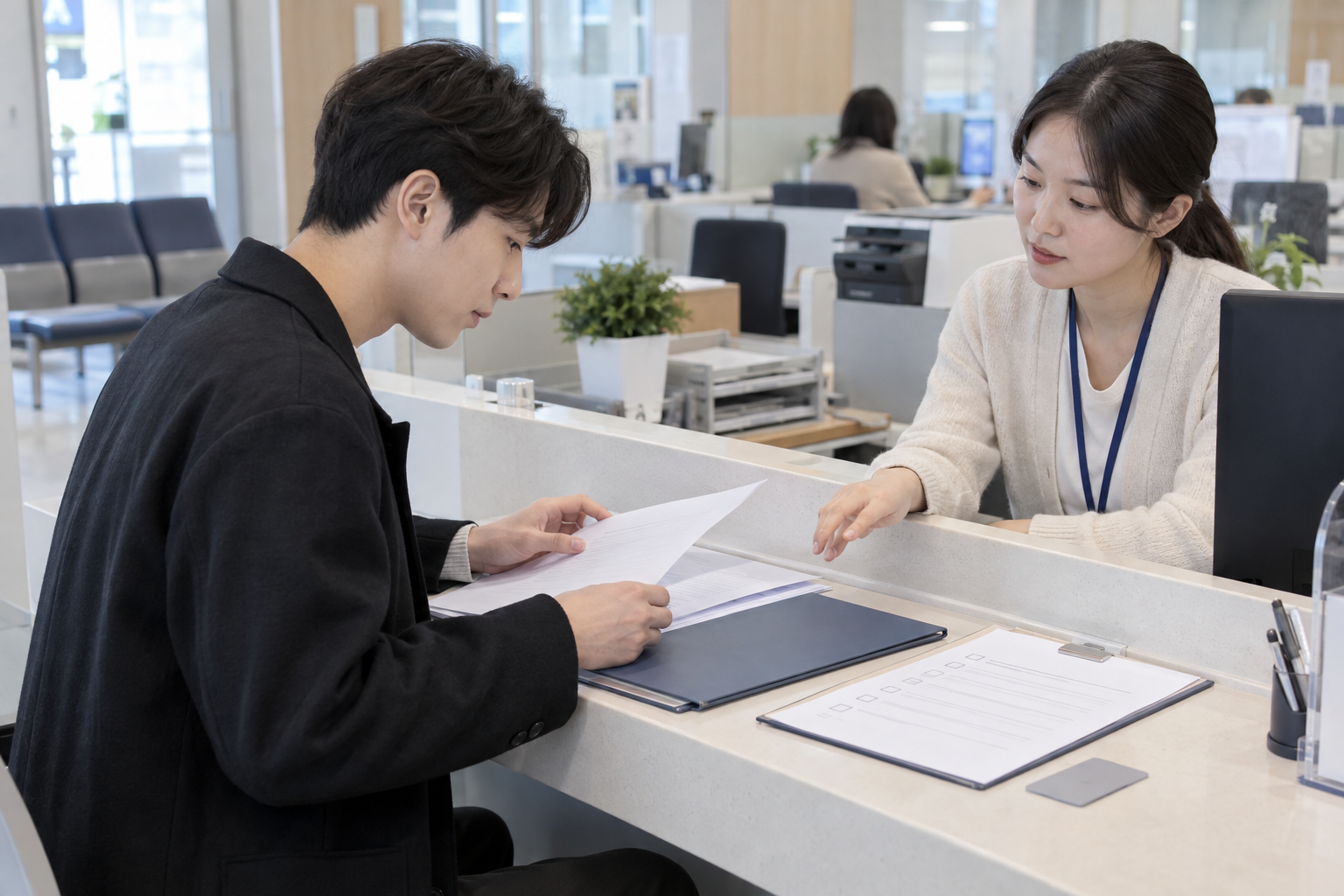 청년 신청자와 상담 담당자가 접수서류를 함께 확인하는 모습