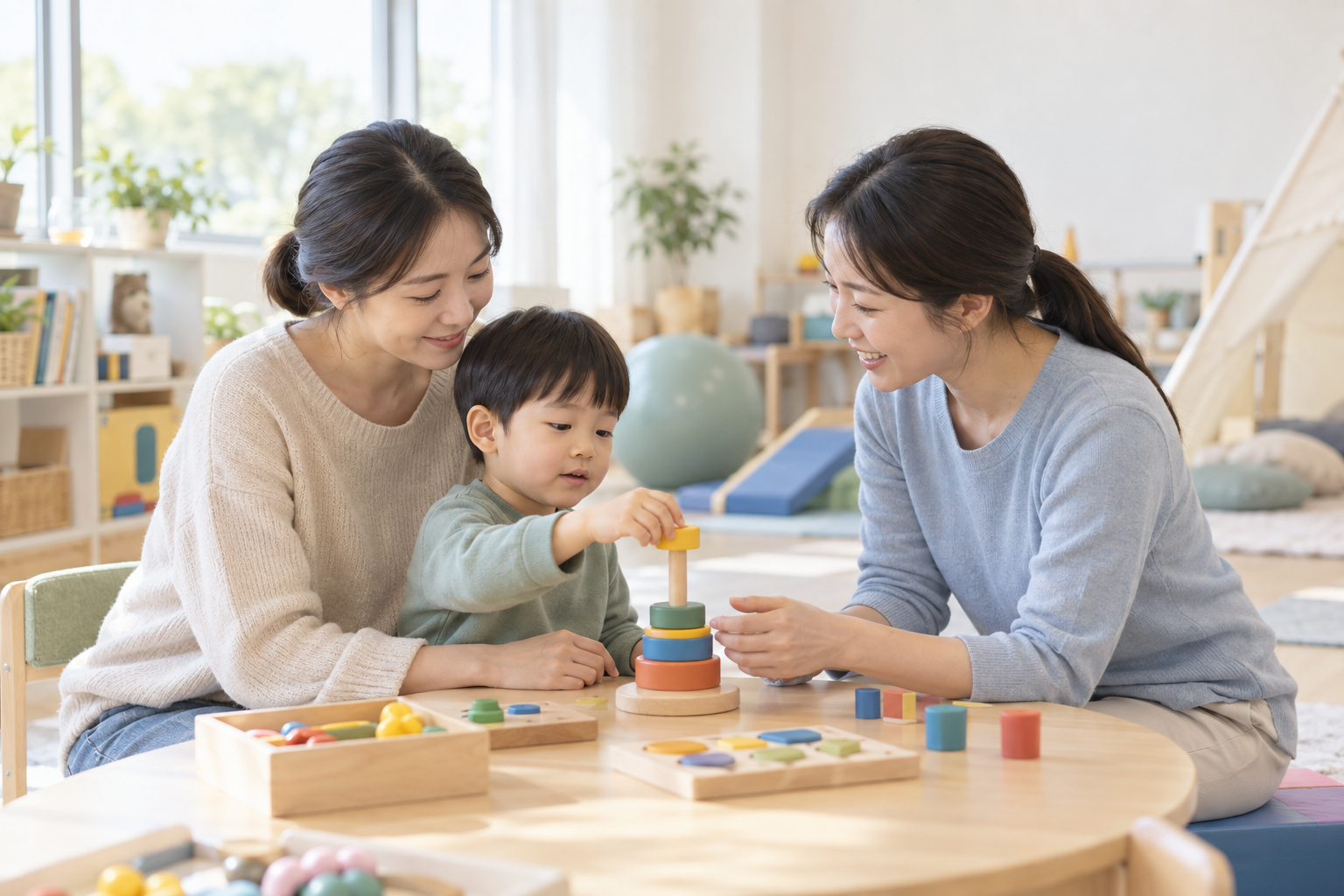 보호자와 발달재활 전문가가 어린이의 소근육 놀이 활동을 함께 돕는 모습