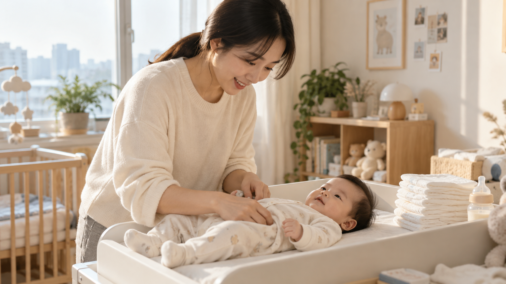 보호자가 밝은 집에서 영아를 돌보며 기저귀와 수유용품을 준비하는 모습