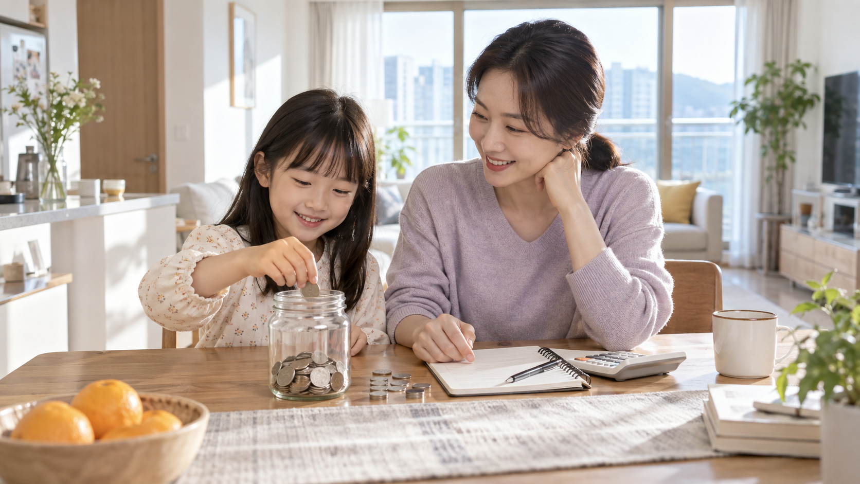 보호자와 아동이 집에서 저축 계획을 세우며 동전을 저금통에 넣는 모습