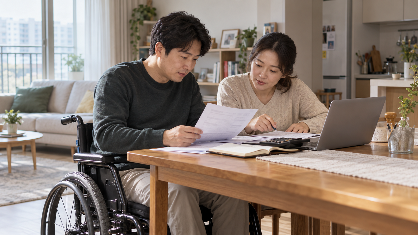 장애인연금 신청을 앞둔 부부가 집에서 소득과 재산 자료를 확인하는 모습