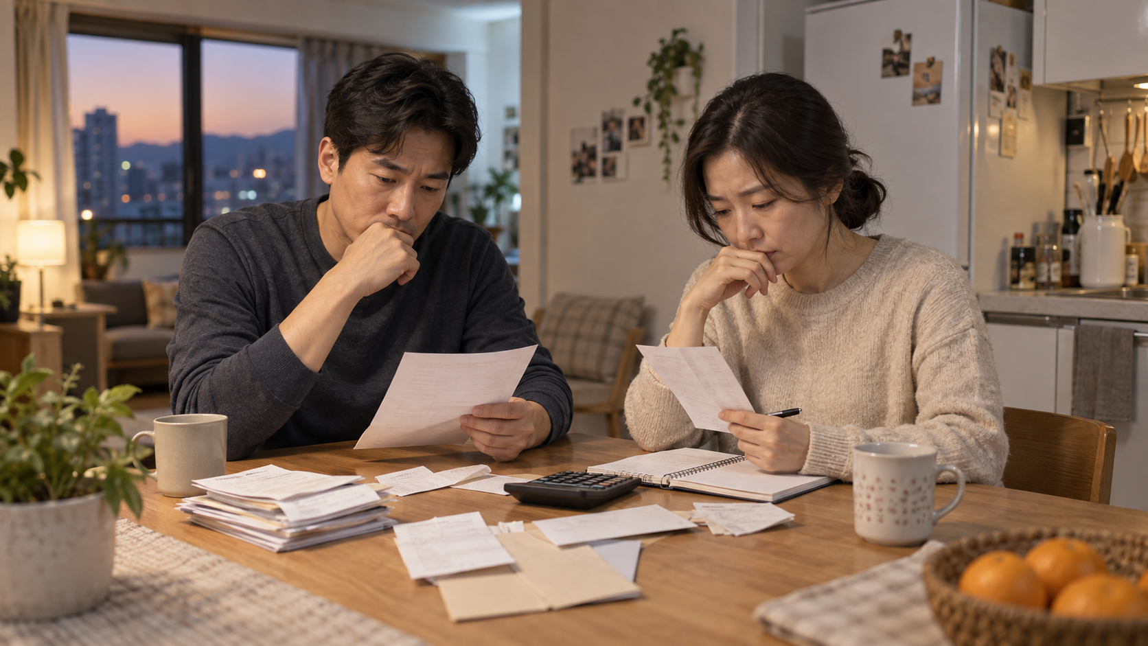 갑작스러운 소득 위기를 겪은 가구가 식탁에서 생활비와 지출자료를 함께 살펴보는 모습