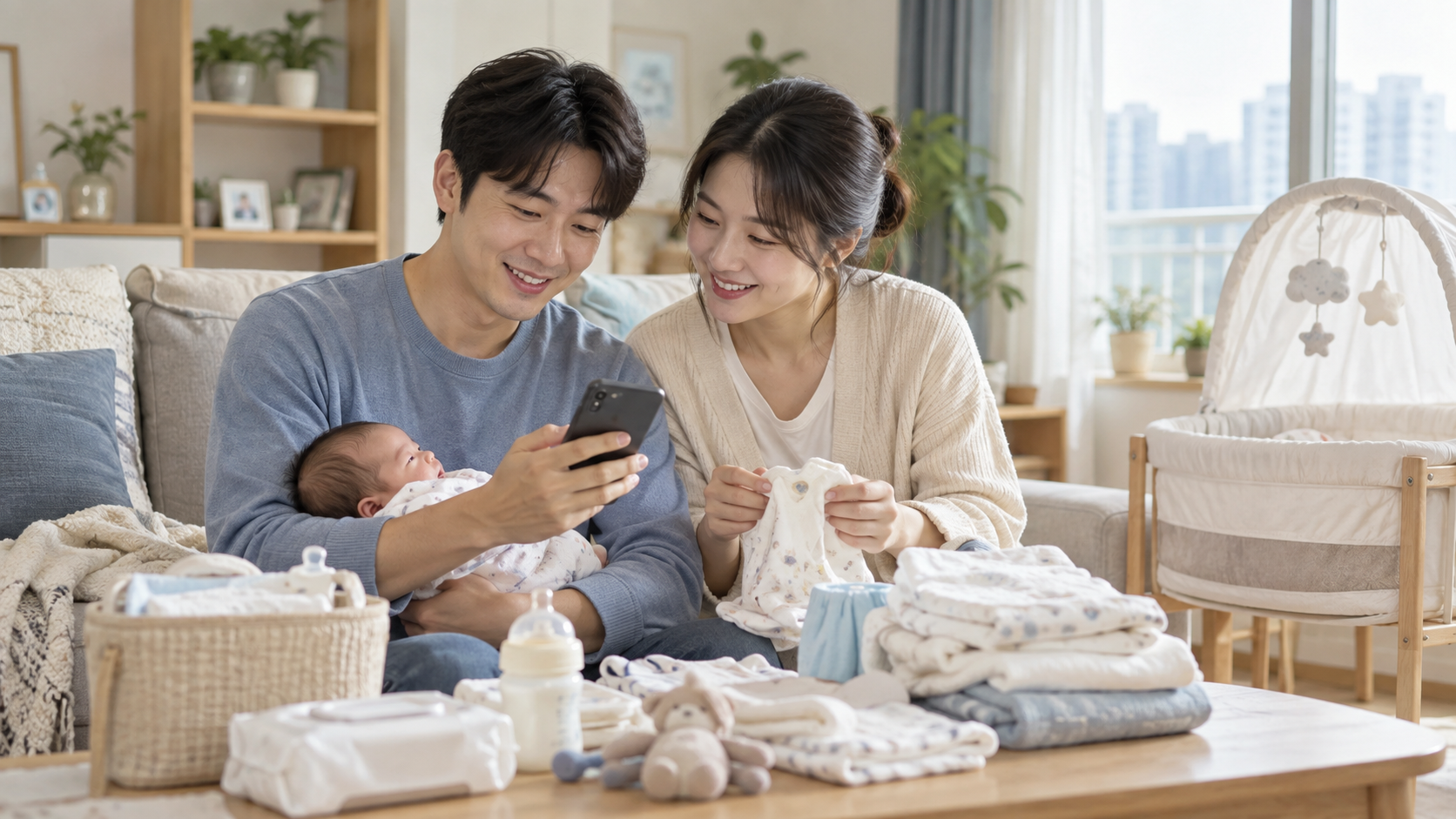 신생아를 돌보는 부모가 집에서 첫만남이용권 사용계획을 함께 확인하는 모습