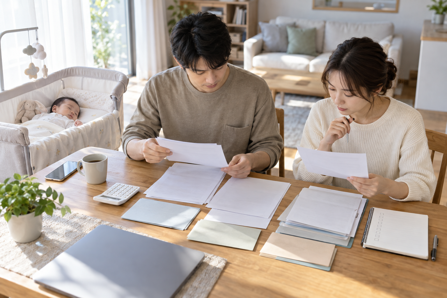 영아의 진료비 영수증과 건강보험·가구서류를 정리하는 부모