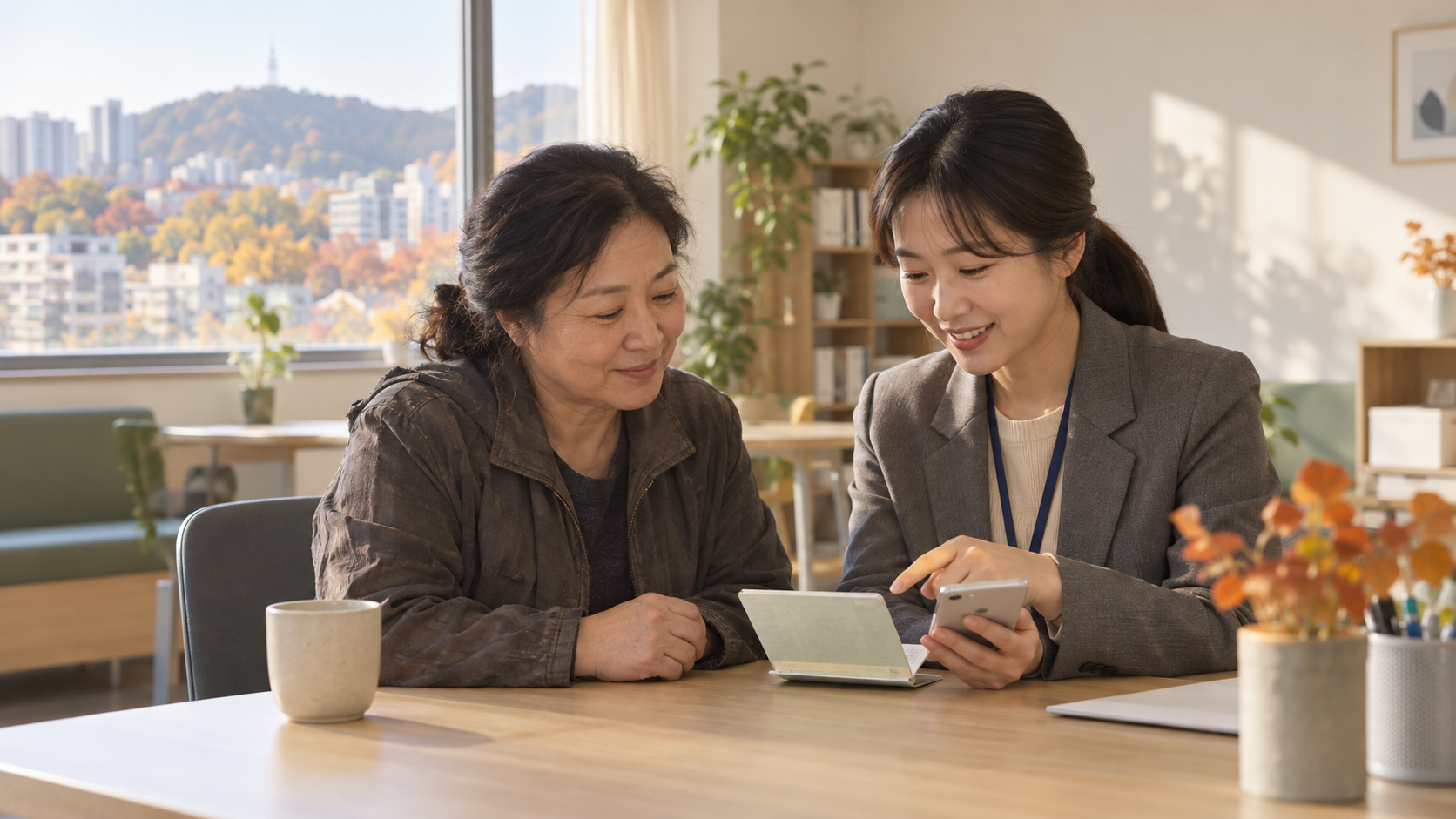 관악구 생계·의료급여 수급가구 주민이 복지 담당자와 추석 명절위문금 계좌입금 내용을 확인하는 모습