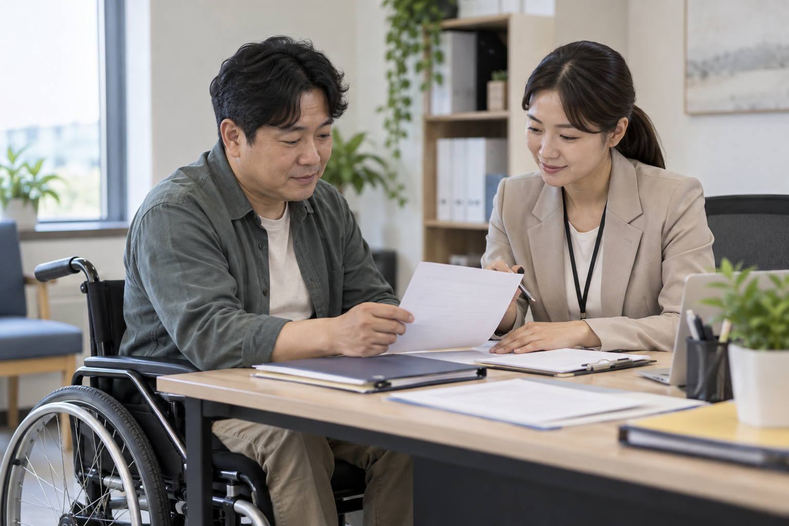장애인기업 신청자와 상담자가 치료비 지원 자격과 증빙을 함께 확인하는 모습