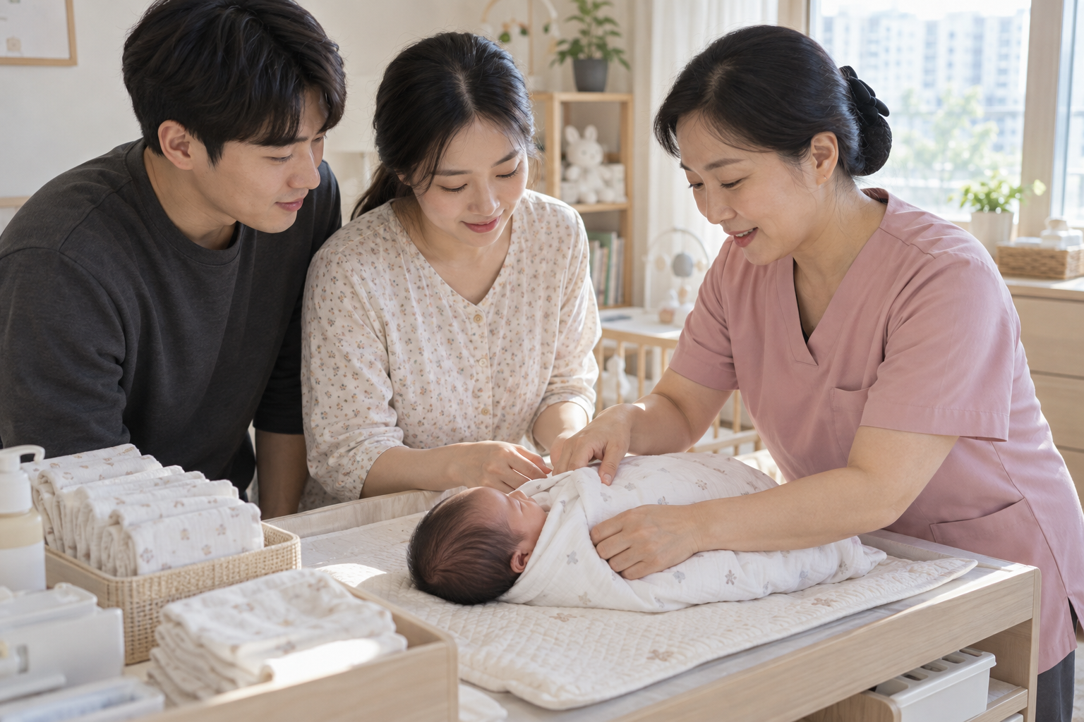 가정방문 건강관리사가 부모에게 안전한 신생아 돌봄 방법을 보여 주는 모습