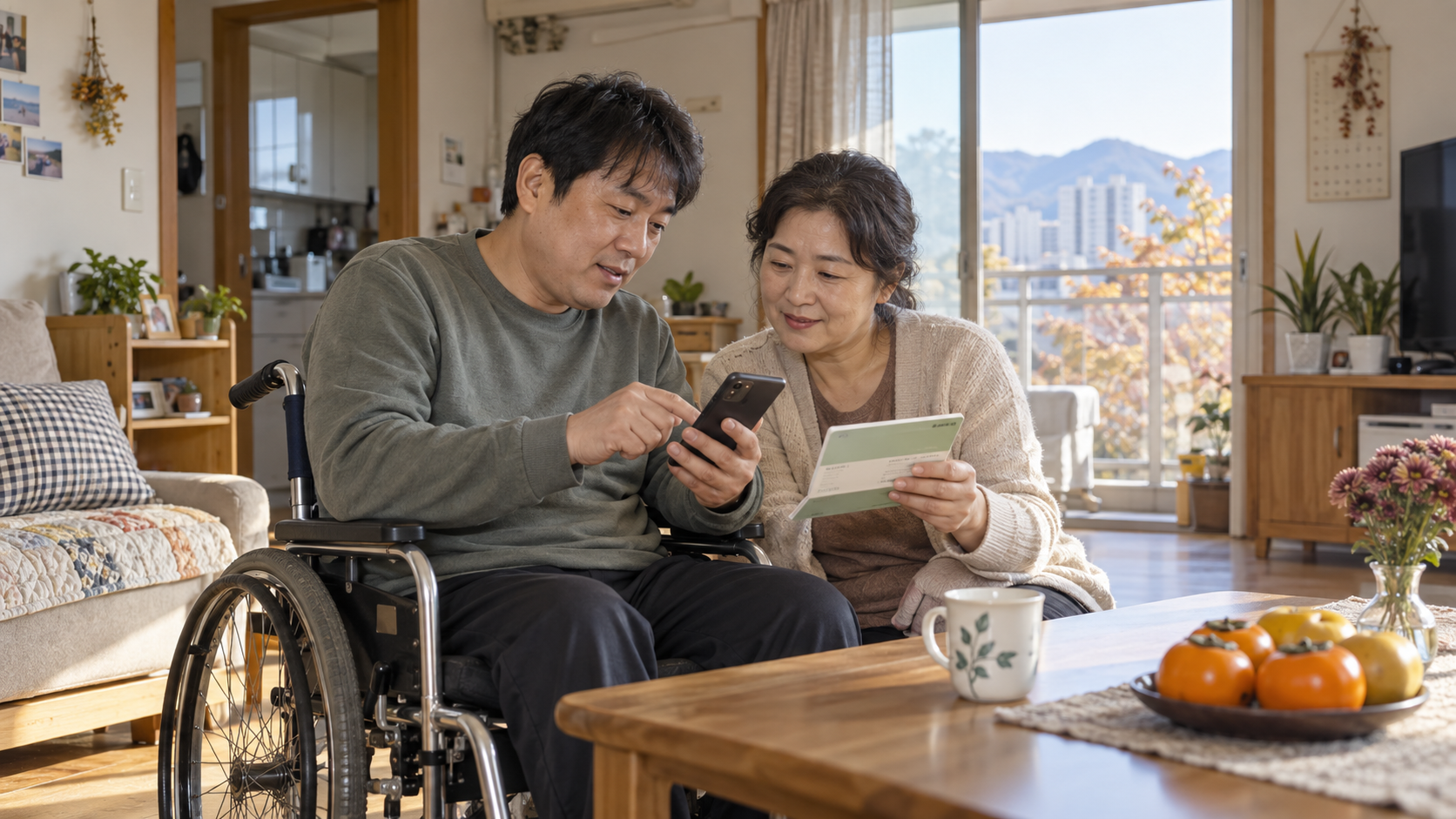밀양시 저소득 장애인가구가 추석 명절위문금 지급 여부를 확인하는 모습