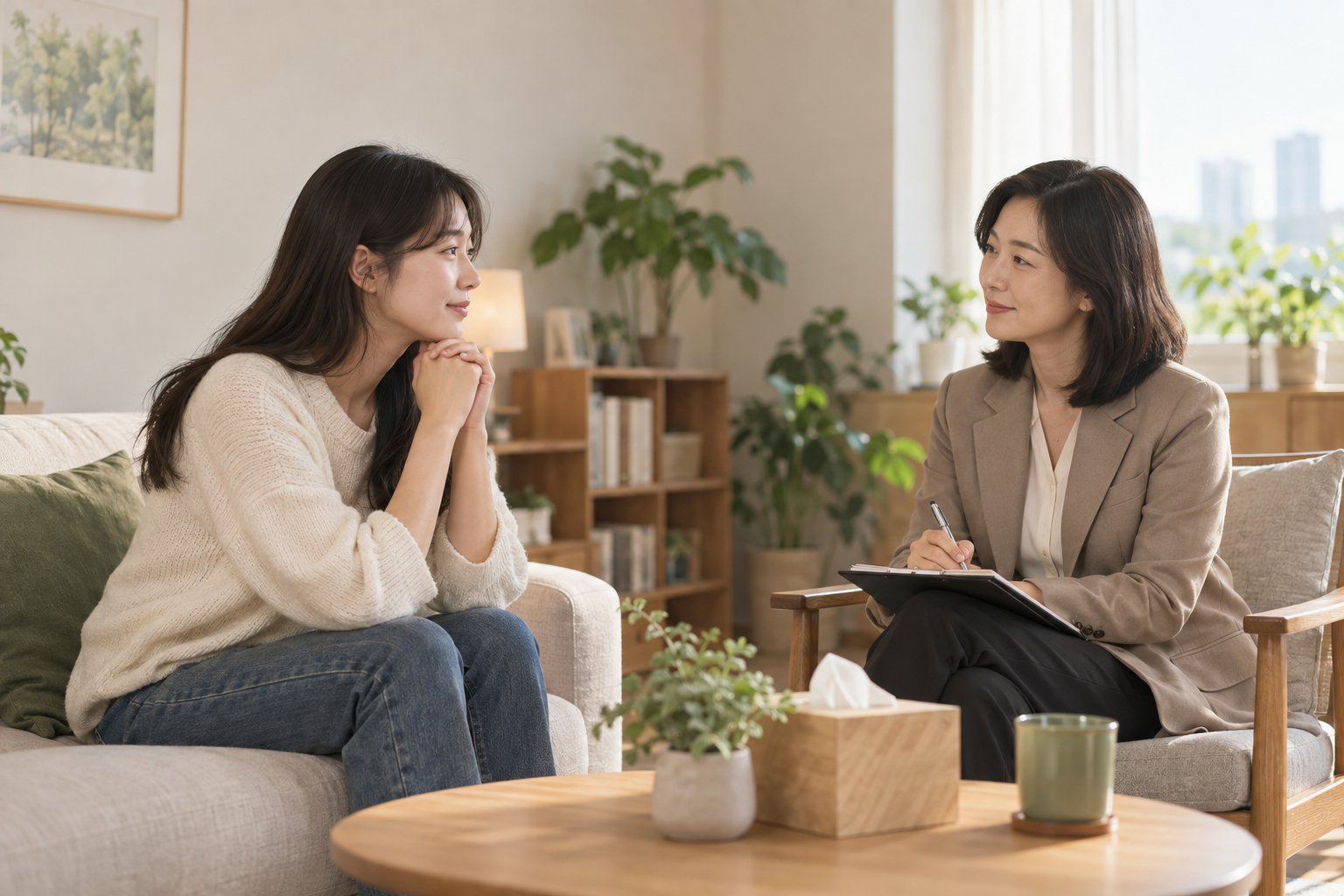 상담실에서 성인 내담자와 전문 상담자가 마주 앉아 대화하는 모습