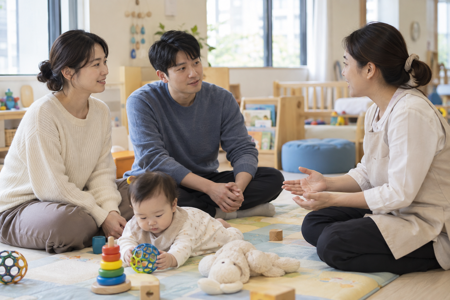 부모가 어린이집 보육교사와 영아의 돌봄 전환 일정을 상의하는 모습