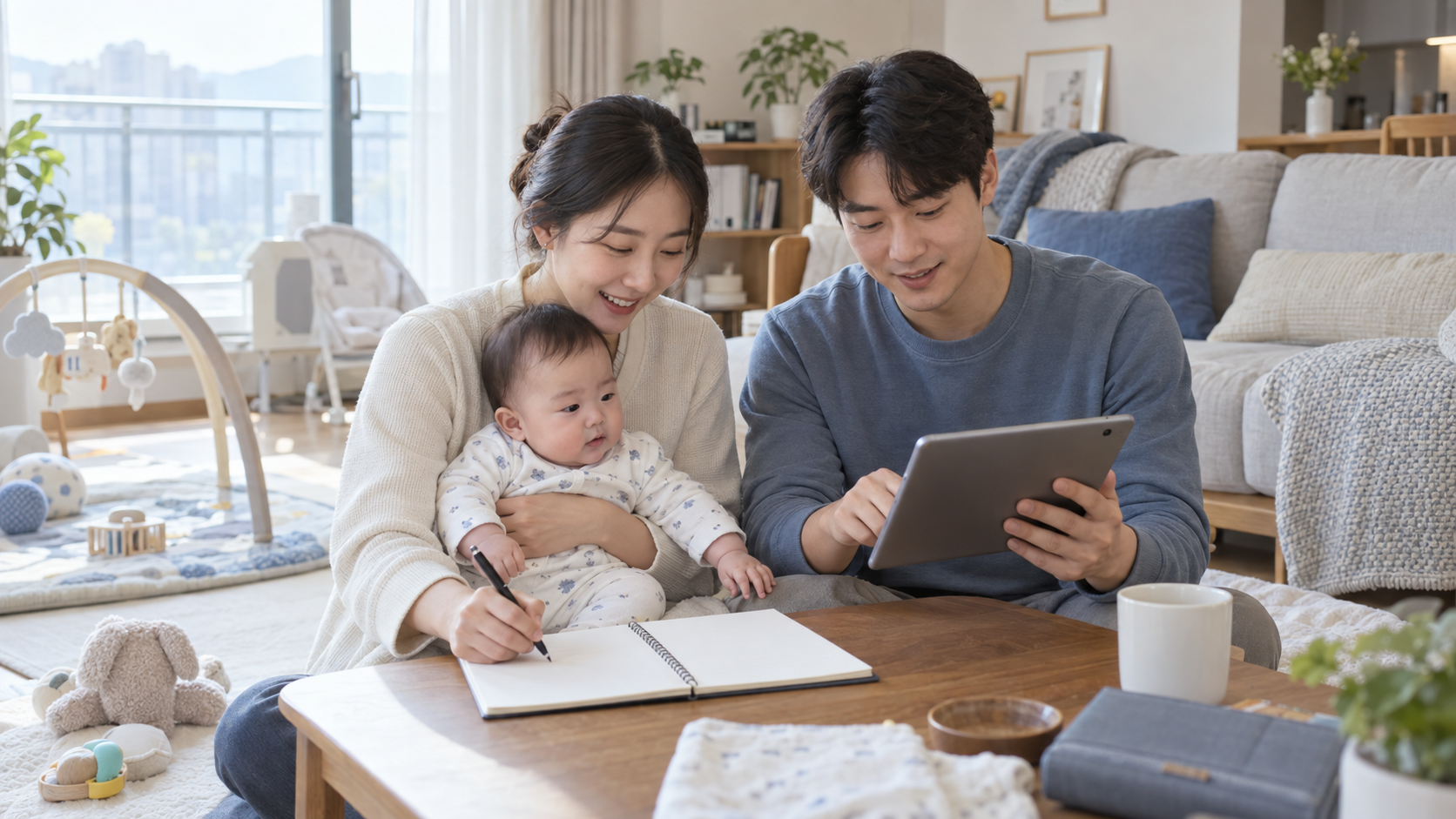 영아를 돌보는 부모가 집에서 부모급여와 돌봄계획을 함께 확인하는 모습
