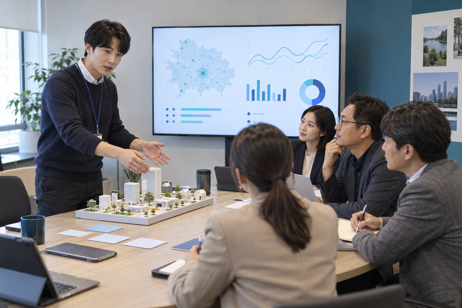 한국 창업기업 대표가 평가위원과 공공기관 담당자 앞에서 공공데이터 시제품을 발표하는 모습