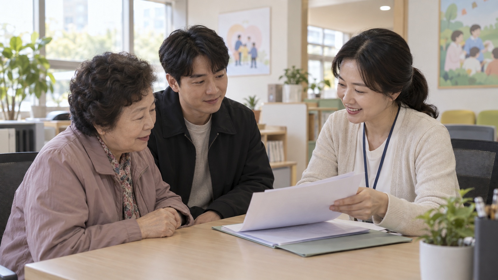 노인과 가족이 보건소 상담자와 수술비 지원 신청서류를 확인하는 모습
