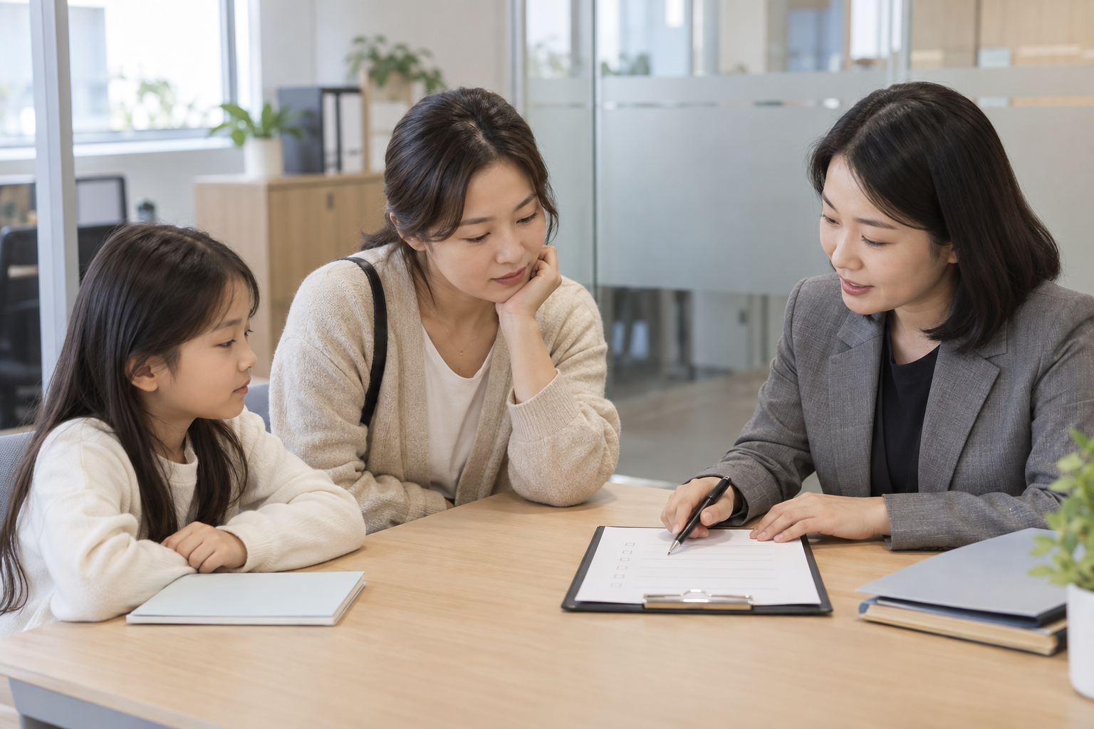성북구 차상위 아동과 보호자가 복지 상담창구에서 교육경비 추천 여부를 확인하는 모습