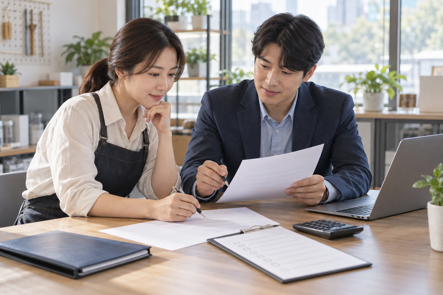 중소기업 대표와 기술기업 담당자가 스마트서비스 A/S 사업계획서와 제출서류를 점검하는 모습