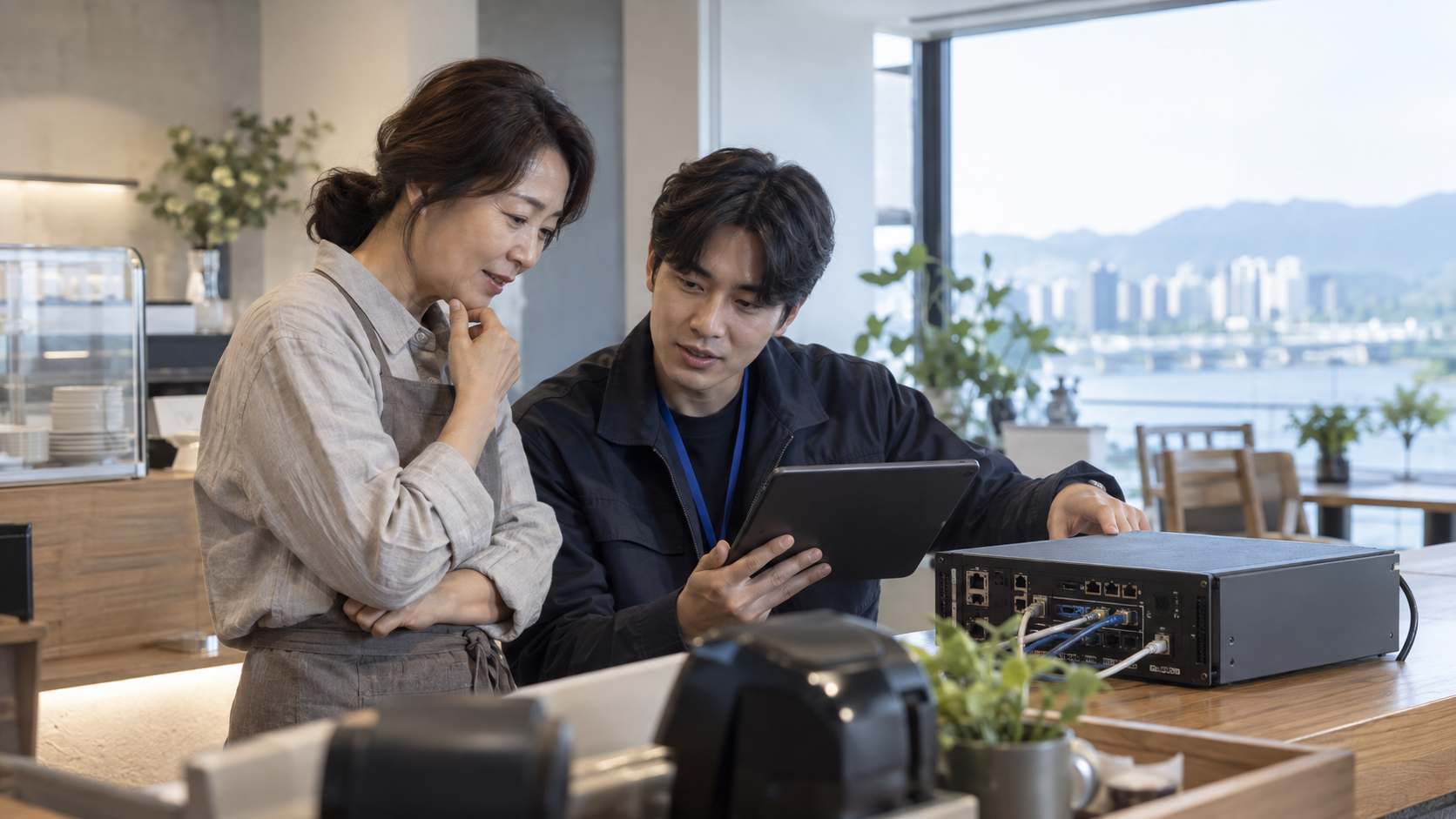 중소기업 대표와 기술기업 담당자가 기존 스마트서비스 장비의 유지관리 상태를 확인하는 모습