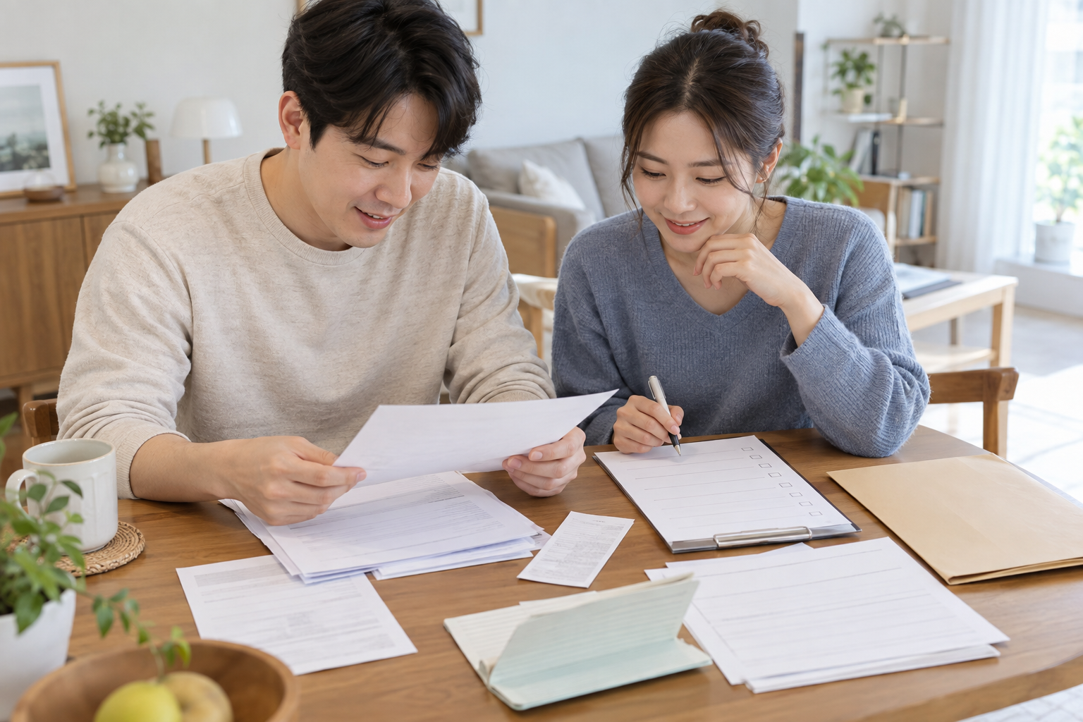 신혼부부가 건강검진비 청구 영수증과 신청서류를 정리하는 모습