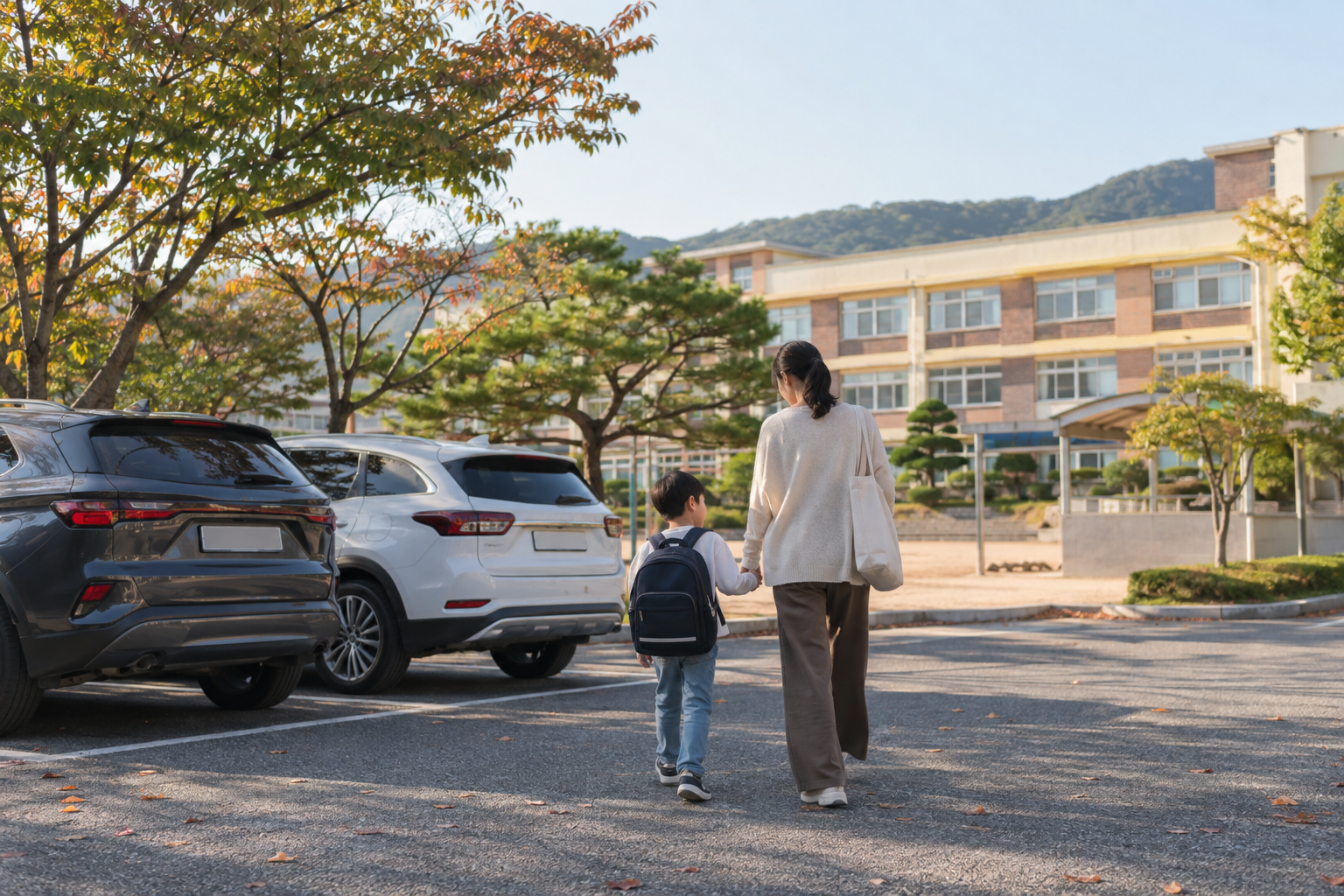 가을날 학교 주차 공간에서 가족이 이동하는 연출 장면