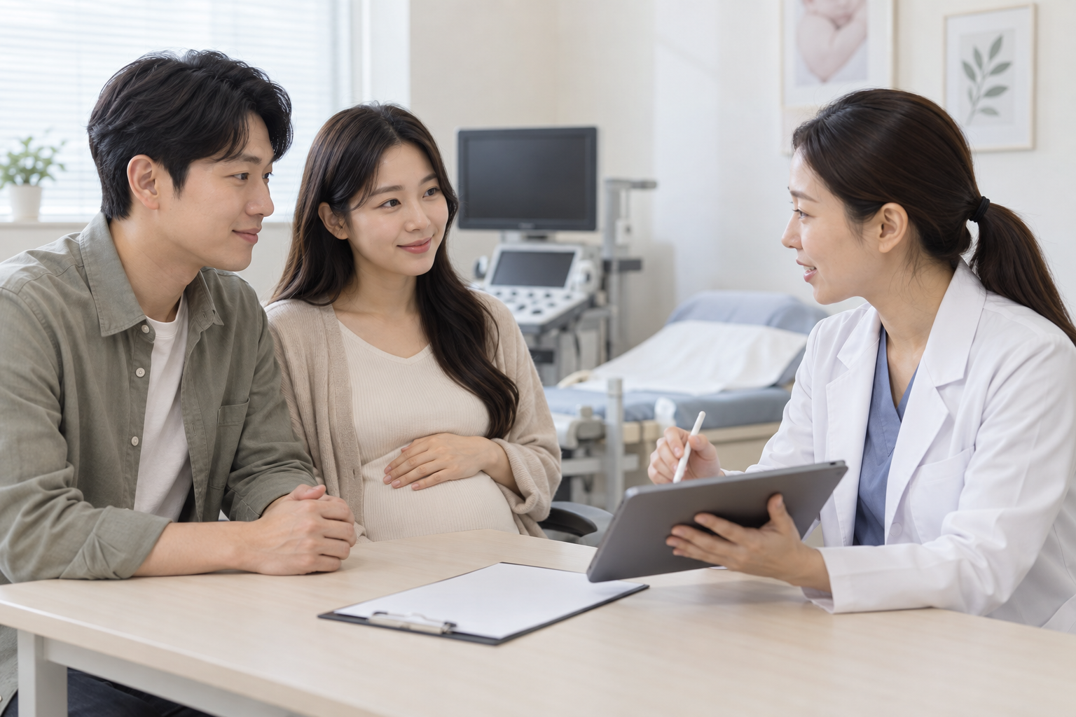 임신부와 배우자가 의료진에게 진료비 바우처 신청 절차를 상담하는 모습