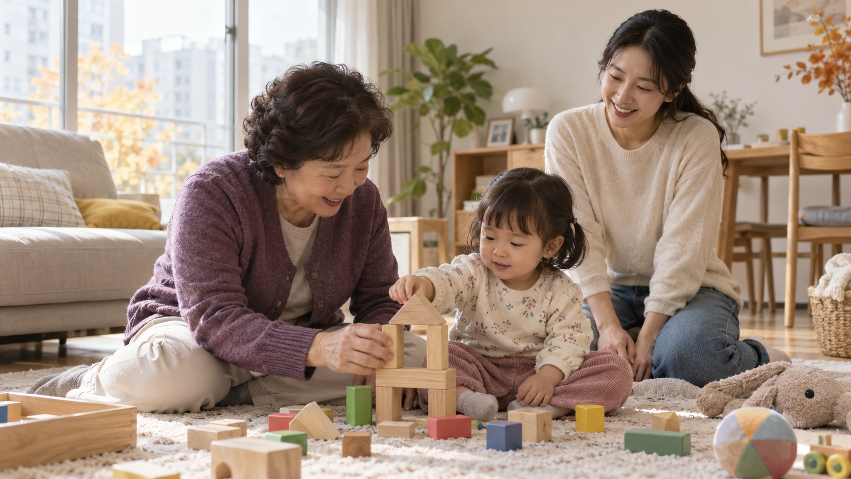 조부모와 부모가 어린아이를 돌보는 가정의 연출 모습