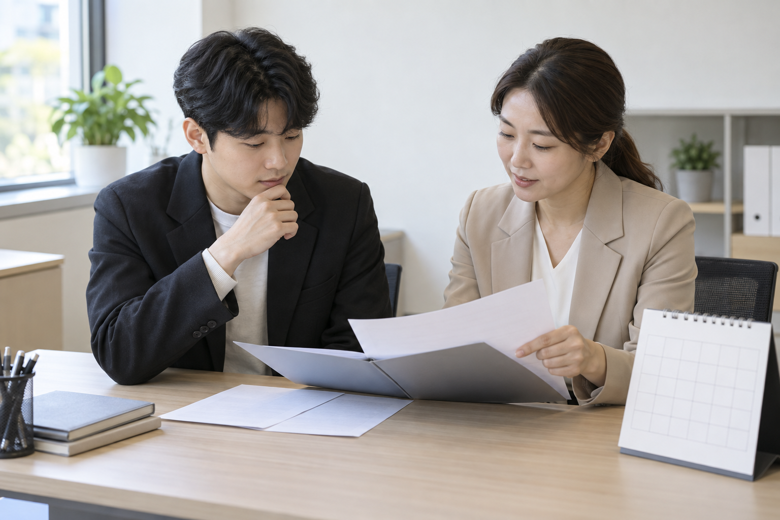 무표기 서류와 달력 모형을 함께 검토하는 청년과 상담자 AI 연출 사진