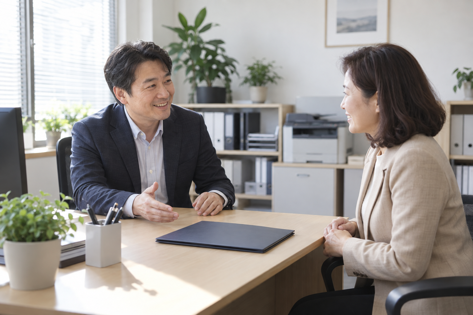 작은 사무실에서 사업주와 새로 입사한 중장년 여성이 채용에 관해 대화하는 모습