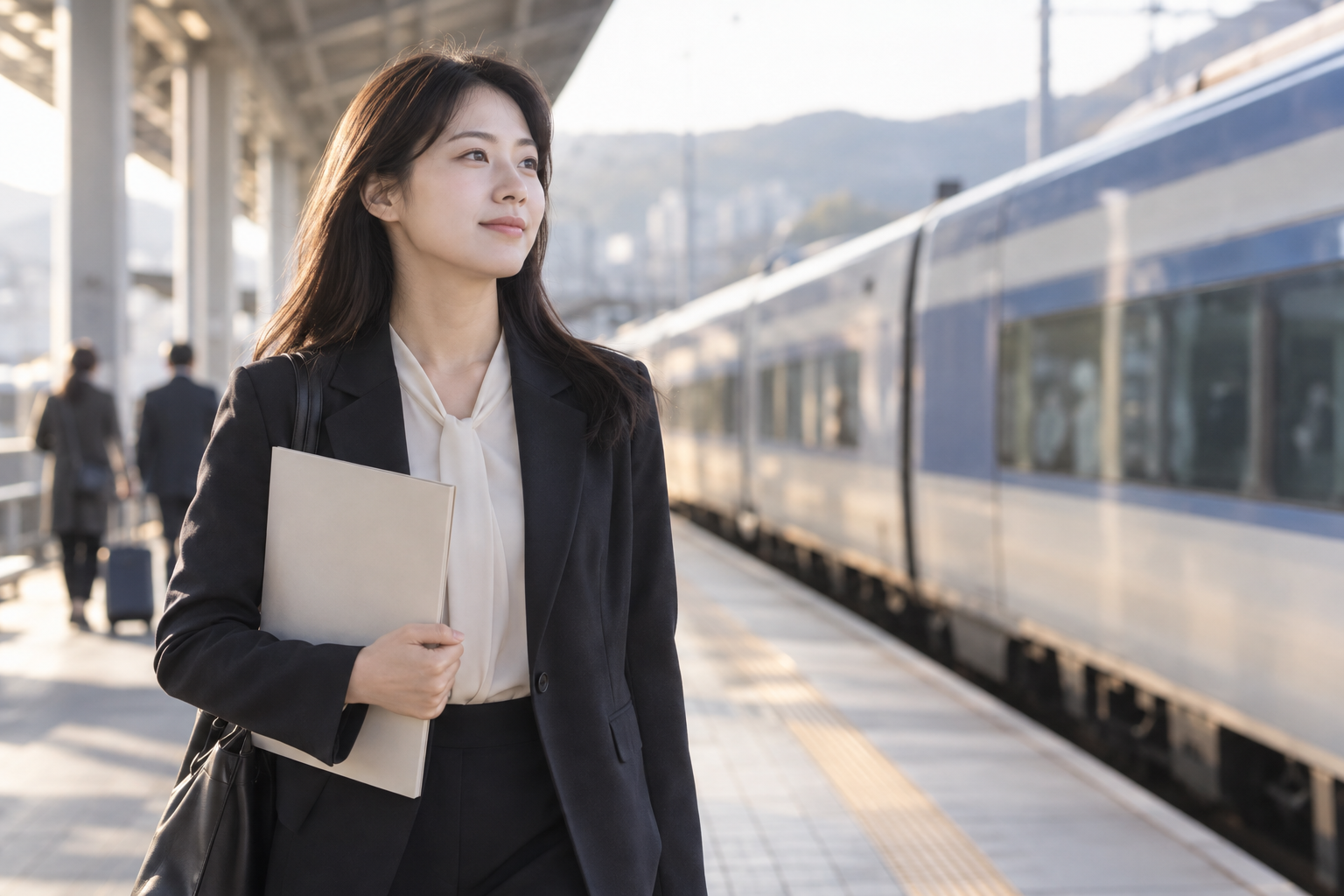 서류 폴더를 들고 먼 지역의 면접을 위해 기차역 승강장에서 대기하는 성인