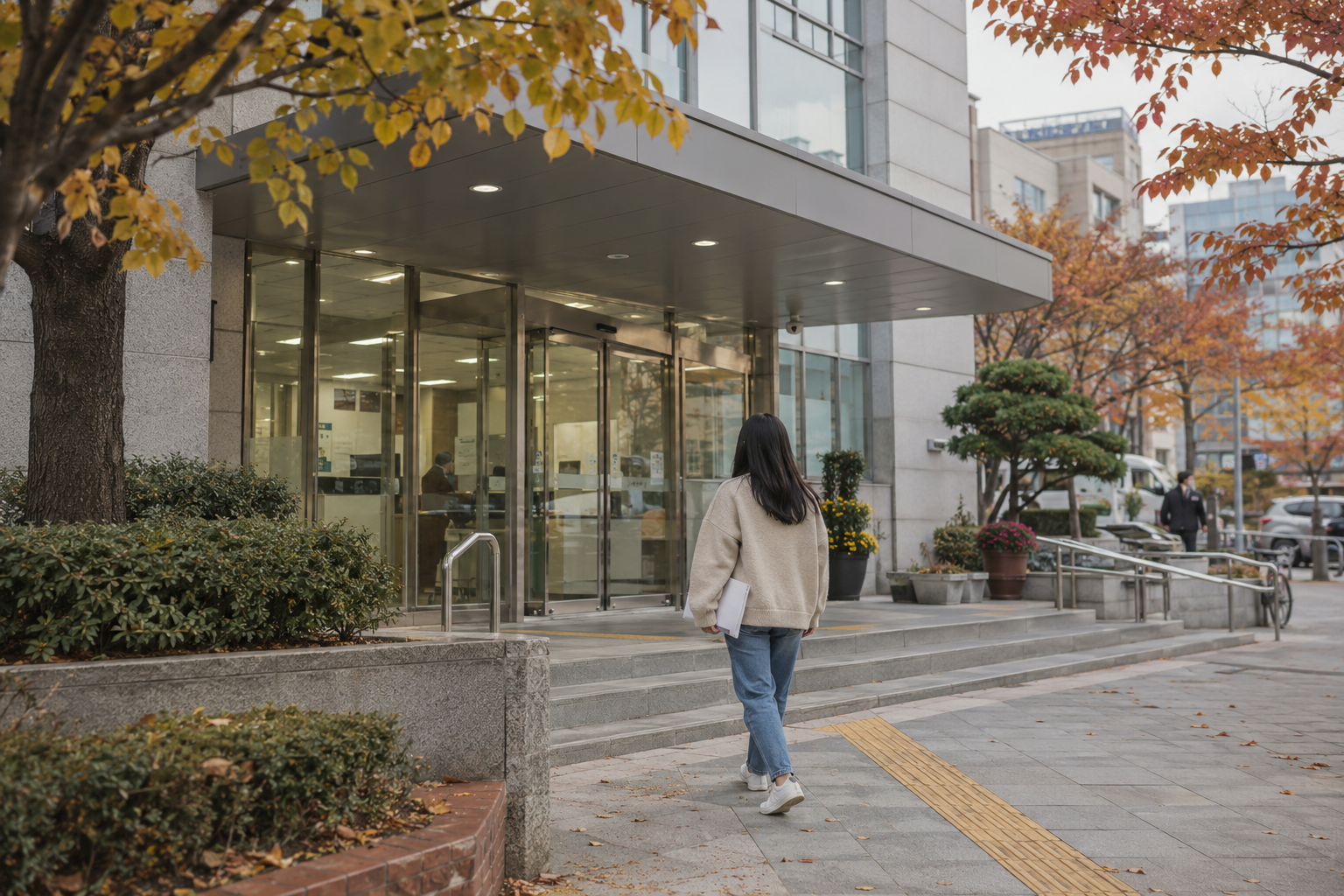 청년이 서류를 들고 행정서비스 건물로 향하는 연출 사진