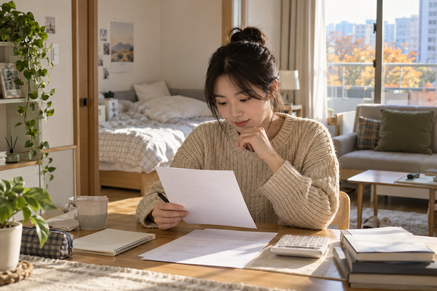 청년이 자취방에서 월세 서류를 살펴보는 연출 사진