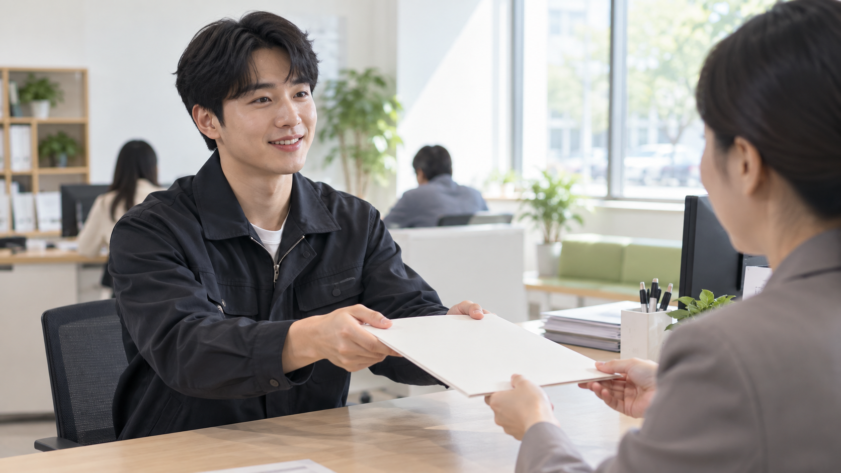 고용 상담 창구에서 글자 없는 서류를 내는 연출 사진