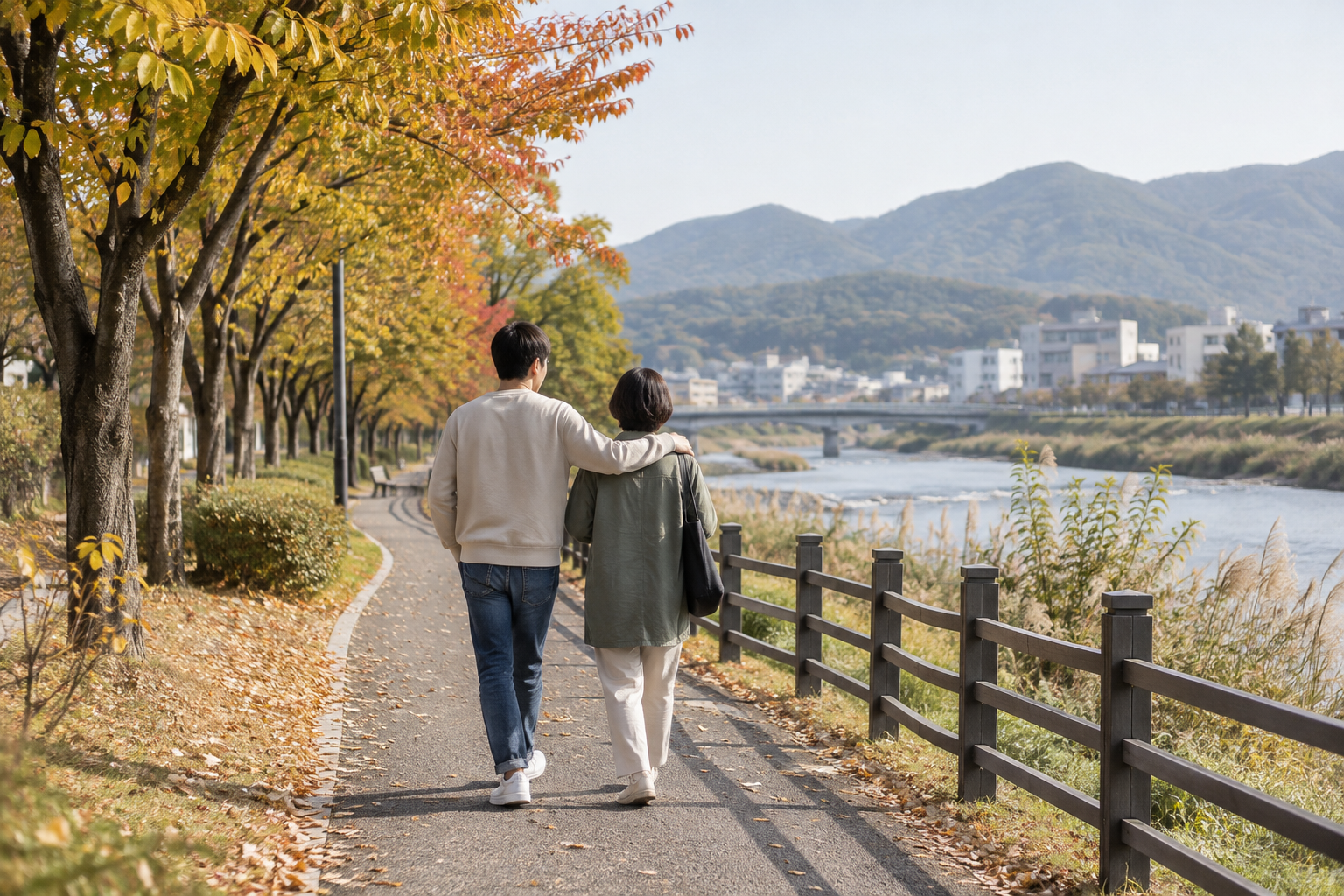 강변 산책로에서 함께 걷는 성인과 가족 AI 연출 사진