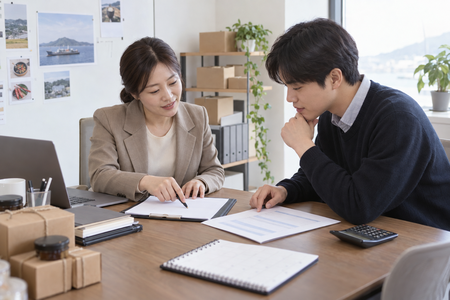 농식품 수출기업 담당자와 신규 인력이 근로계약과 급여자료를 확인하는 모습