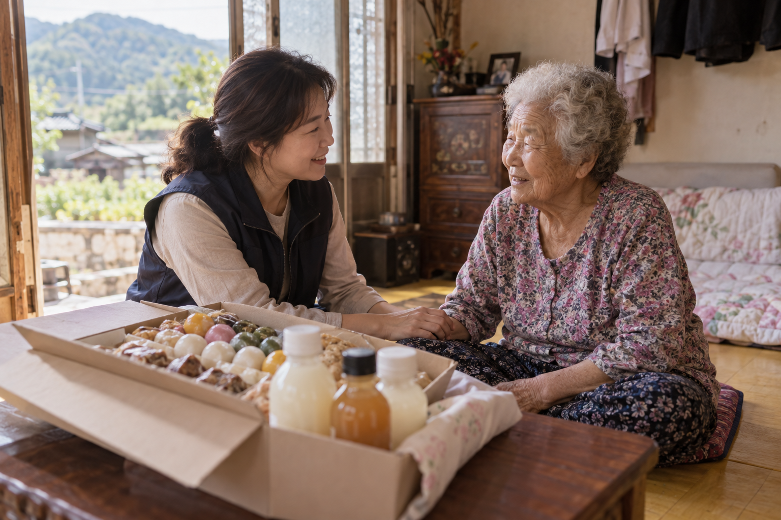 대강면 복지 방문자가 홀로 사는 어르신의 안부를 살피며 먹거리 꾸러미를 전하는 연출 장면