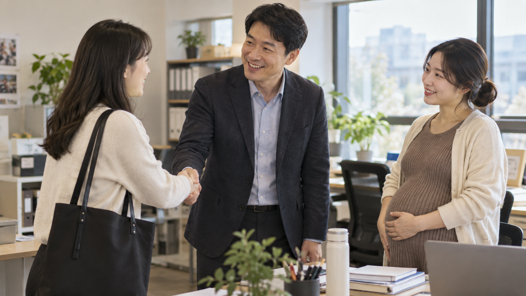 사업주가 출산휴가를 앞둔 직원과 새 대체인력을 사무실에서 소개하는 연출 사진