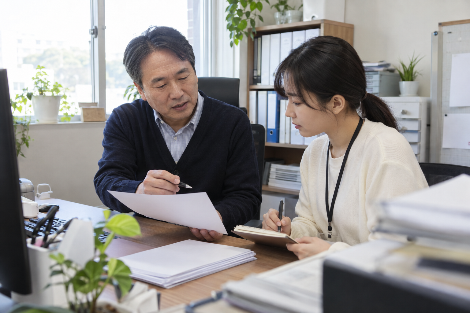 사업장 관리자와 새 대체인력이 업무 인수인계를 논의하는 연출 사진