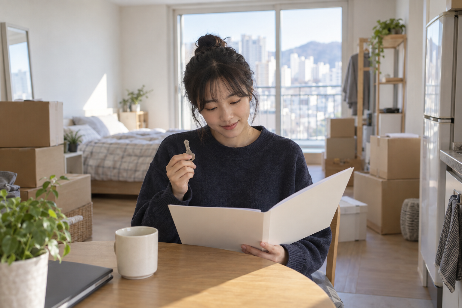 청년 임차인이 새집에서 빈 계약서와 열쇠를 살펴보는 연출 사진