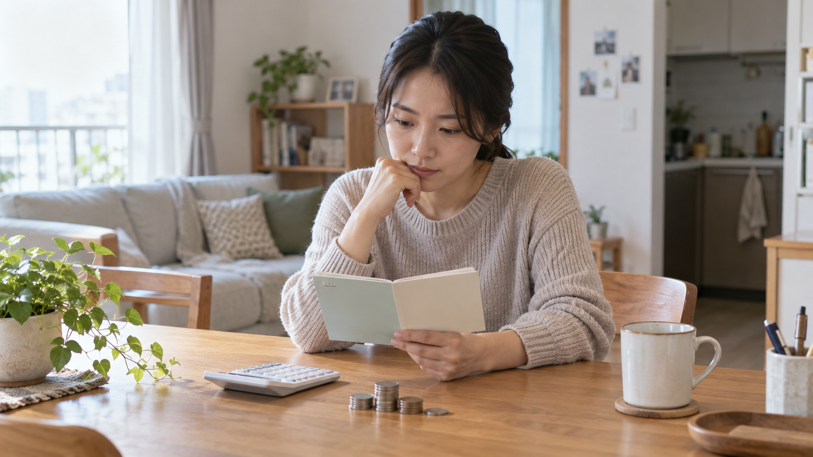 성인이 집에서 통장과 생활계획 자료를 살펴보는 연출 사진