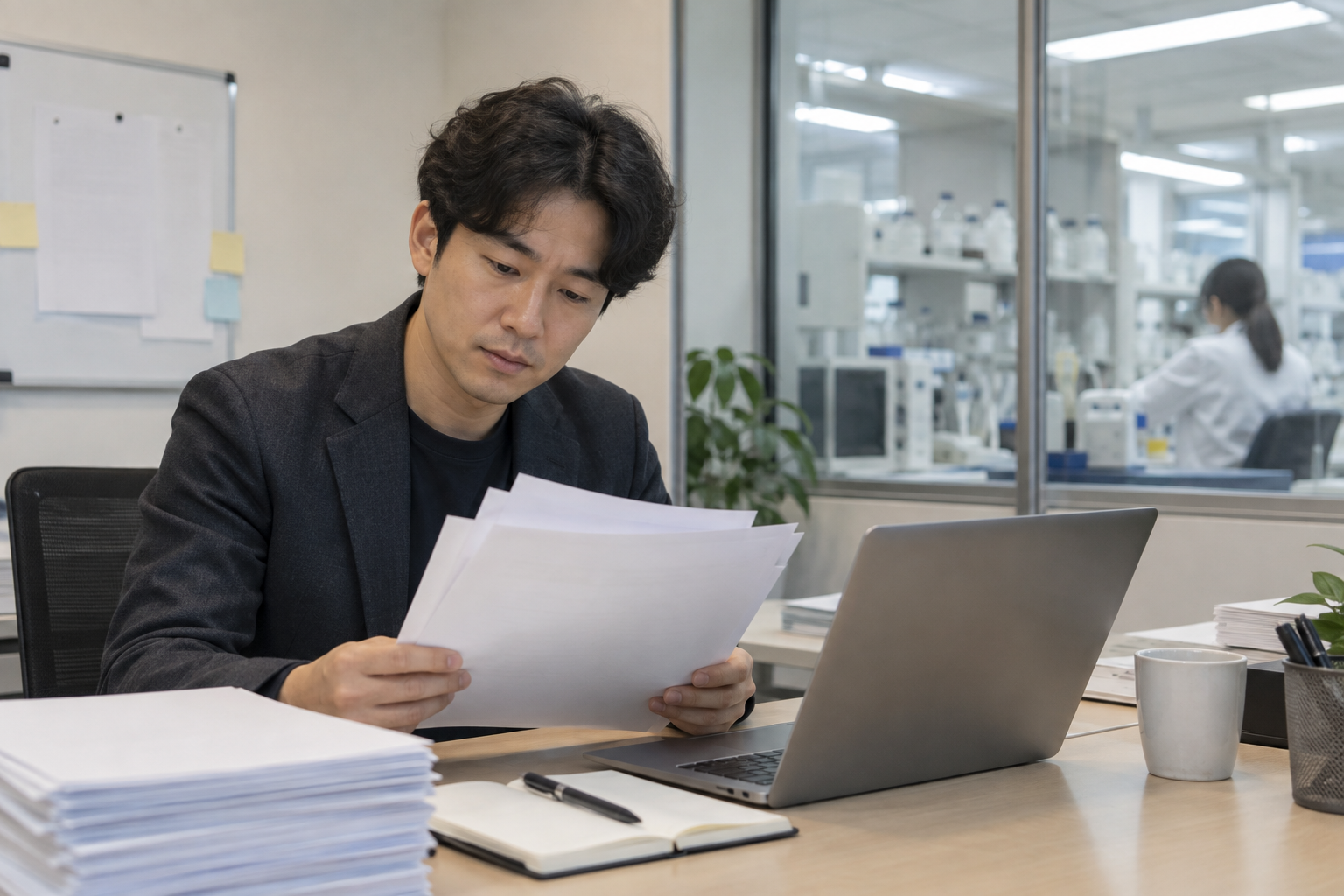 창업기업 대표가 빈 신청서와 노트북을 확인하는 연출 사진