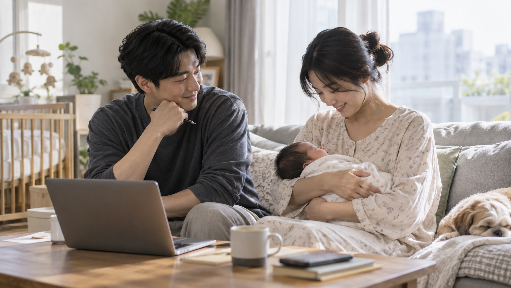 아버지가 배우자와 신생아를 바라보며 돌봄을 준비하는 연출 사진