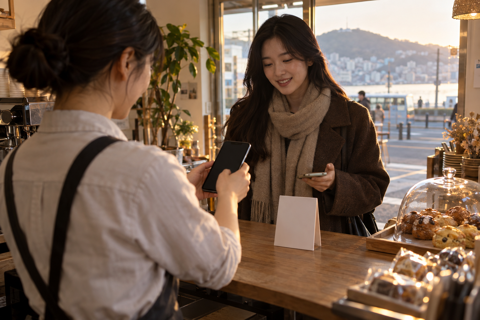 작은 가게에서 상인과 손님이 휴대전화 결제 화면을 확인하는 연출 장면