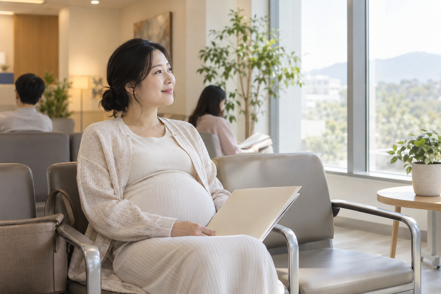 진료 준비용 폴더를 들고 병원에서 대기하는 임산부