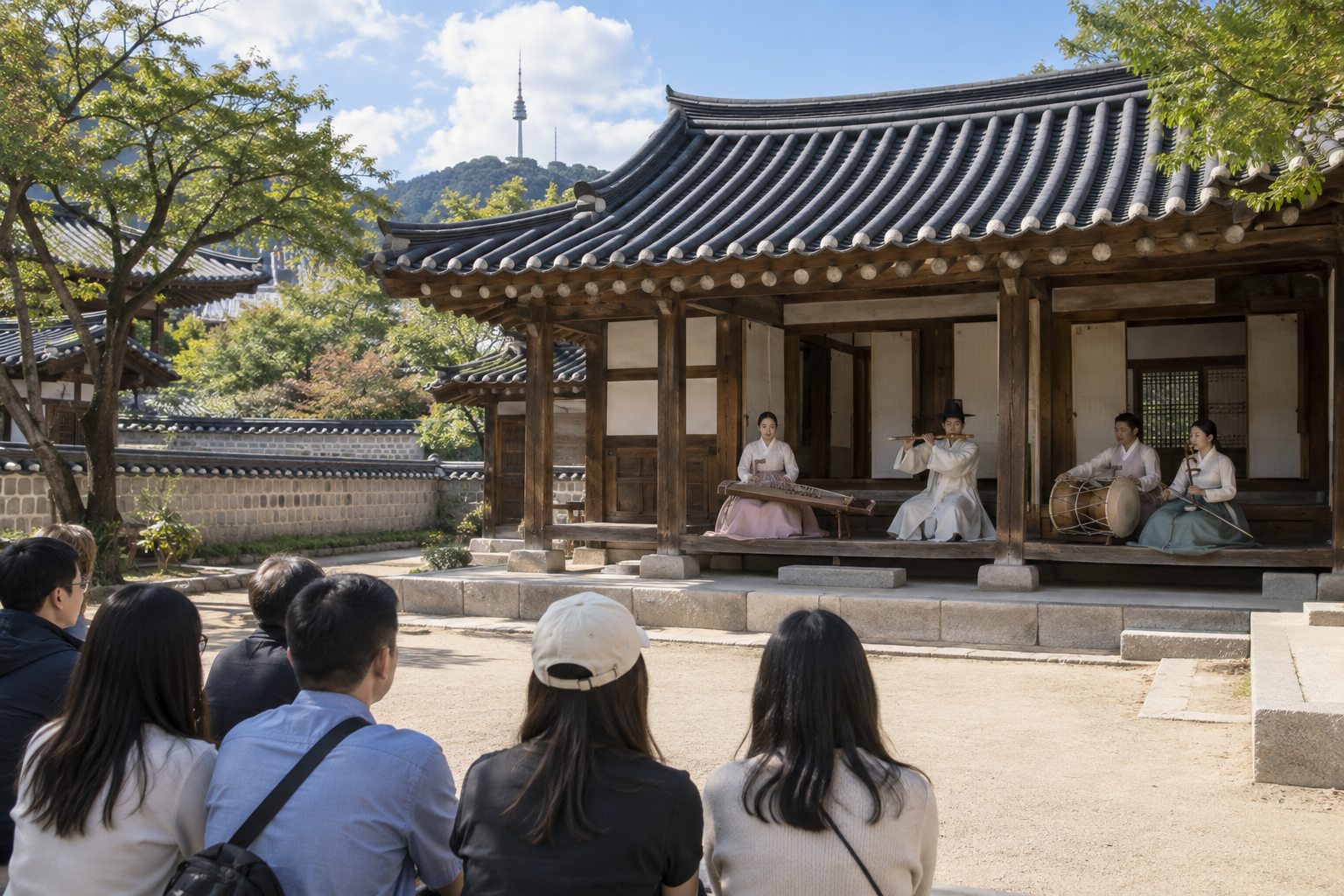 한옥마을 마당의 전통음악 공연을 방문객이 지켜보는 연출 장면