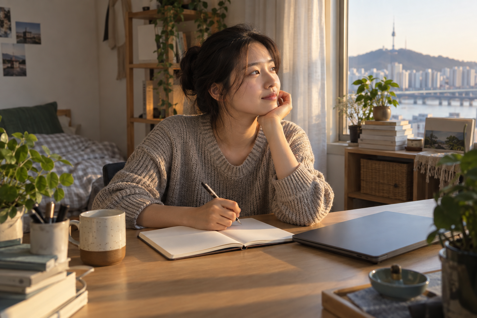청년이 빈 노트 앞에서 자신의 학업과 건강 계획을 생각하는 연출 사진