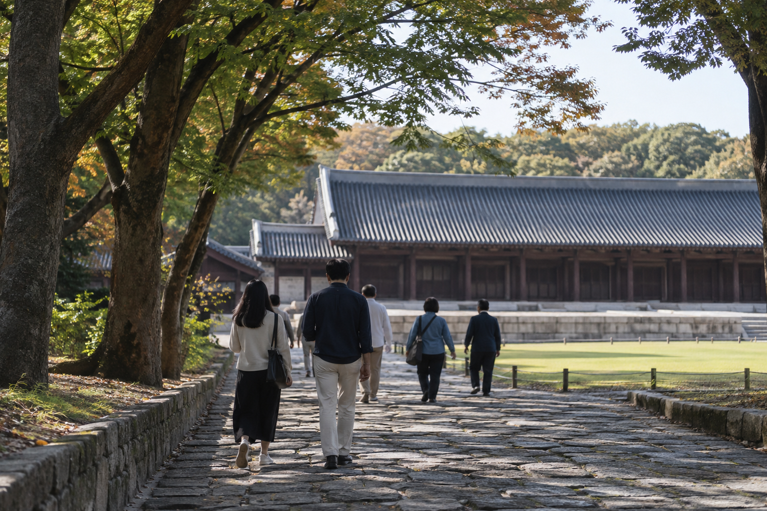 나무 사이 돌길을 따라 전통 건물로 걸어가는 관람객의 연출 장면
