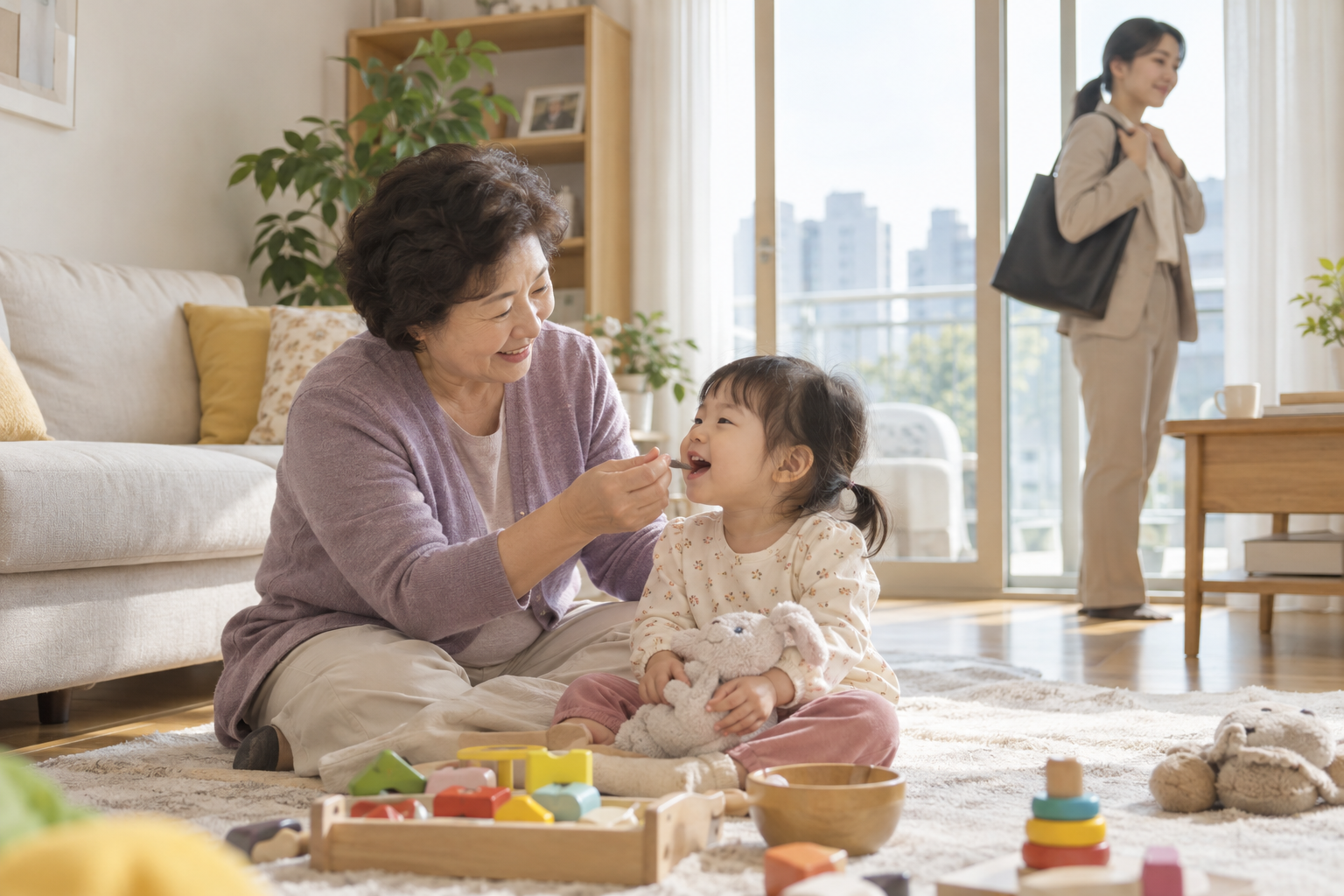 서울 가정에서 조부모가 어린 손주를 돌보는 연출 사진
